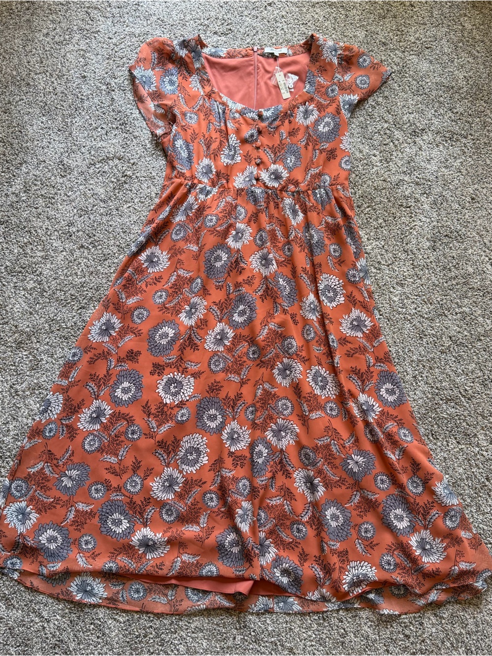 NWT Madewell Floral Chiffon Midi Dress Scoop Neck Short Sleeve Buttons Zip Sz 14 - Picture 4 of 11